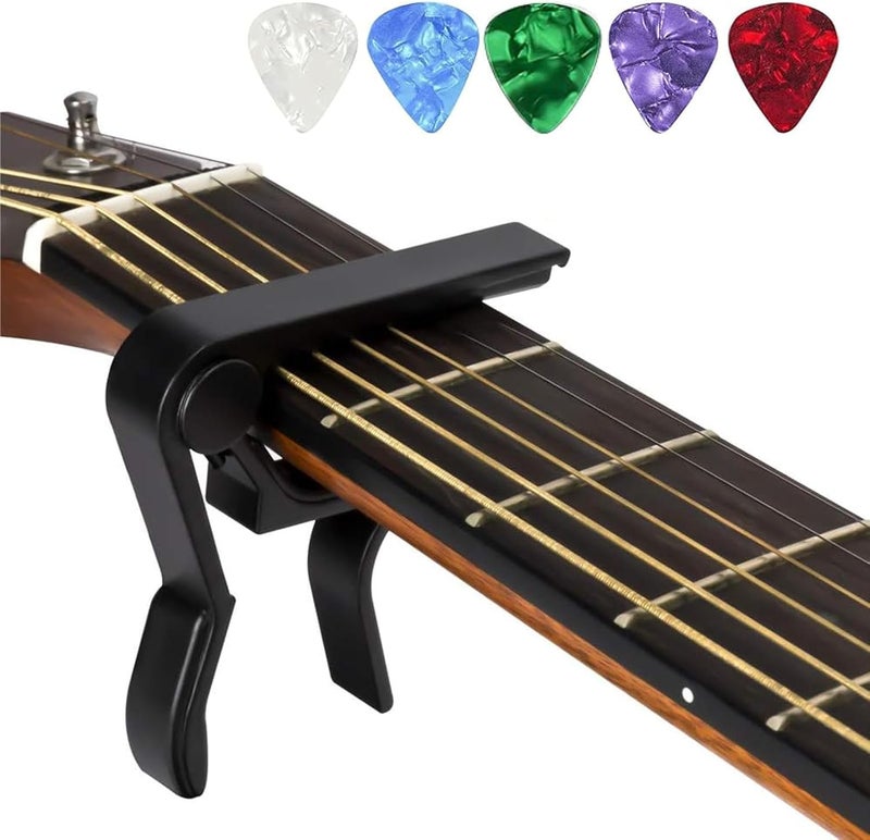 JINWEE Capo，Guitar Capo for Acoustic and Electric Guitars with 5 Picks(Black) - Image 1